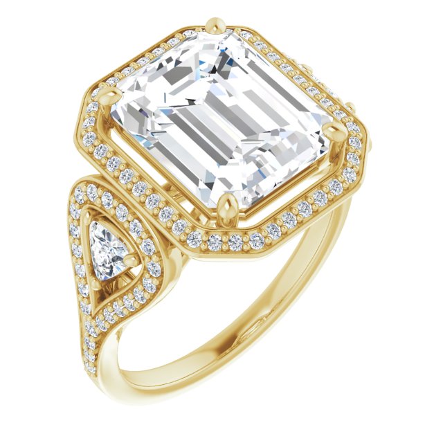 10K Yellow Gold Customizable Cathedral-set Emerald/Radiant Cut Design with 2 Trillion Cut Accents, Halo and Split-Shared Prong Band