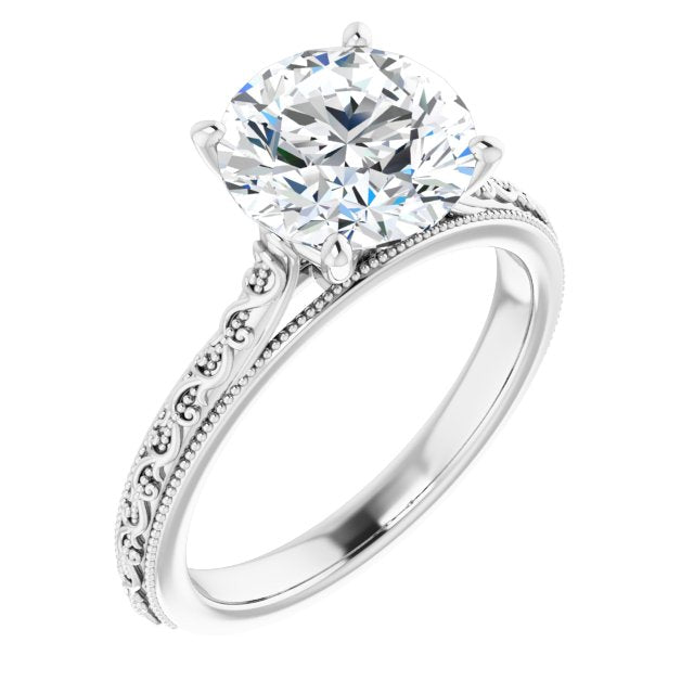 18K White Gold Customizable Round Cut Solitaire with Delicate Milgrain Filigree Band