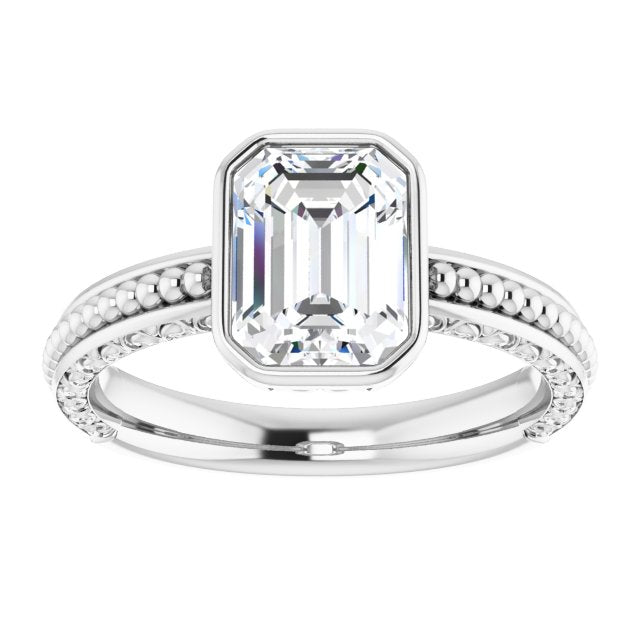 Cubic Zirconia Engagement Ring- The Cheyenne (Customizable Bezel-set Emerald Cut Solitaire with Beaded and Carved Three-sided Band)