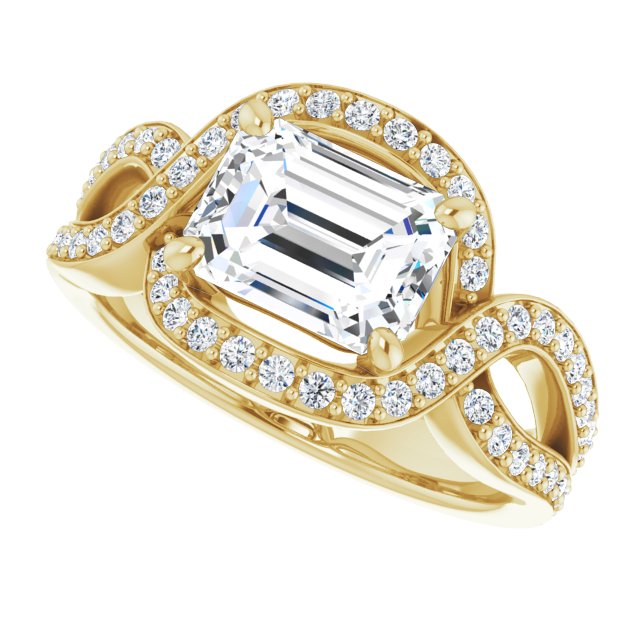 Cubic Zirconia Engagement Ring- The Effie (Customizable Emerald Cut Center with Infinity-inspired Split Shared Prong Band and Bypass Halo)