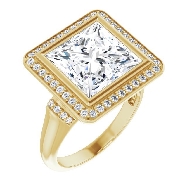 10K Yellow Gold Customizable Bezel-set Princess/Square Cut Design with Halo and Vertical Round Channel Accents