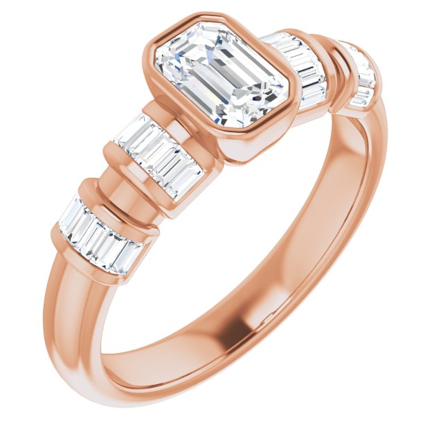 10K Rose Gold Customizable Bezel-set Emerald/Radiant Cut Design with Quad Horizontal Band Sleeves of Baguette Accents