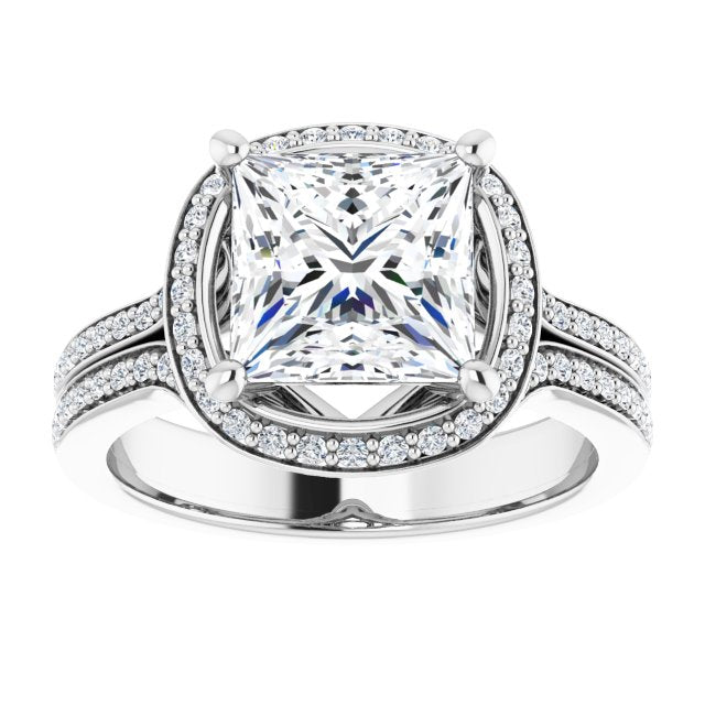 Cubic Zirconia Engagement Ring- The Dionne (Customizable Cathedral-raised Princess/Square Cut Setting with Halo and Shared Prong Band)