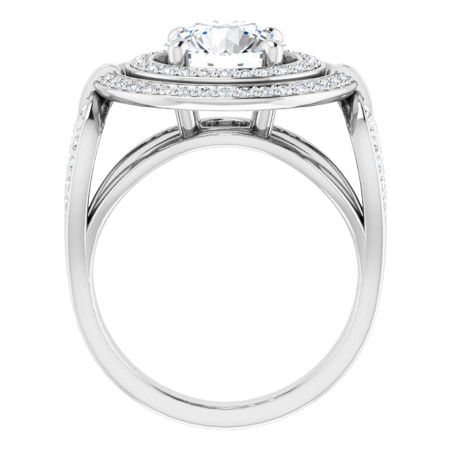 Cubic Zirconia Engagement Ring- The Daksha (Customizable Cathedral-set Round Cut Design with Double Halo & Accented Ultra-wide Horseshoe-inspired Split Band)