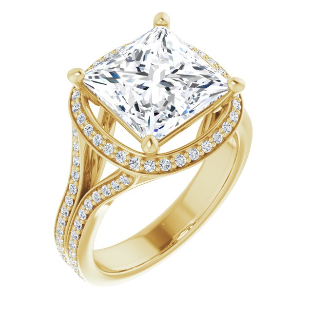 10K Yellow Gold Customizable Cathedral-raised Princess/Square Cut Setting with Halo and Shared Prong Band