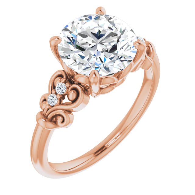 14K Rose Gold Customizable Vintage 5-stone Design with Round Cut Center and Artistic Band Décor