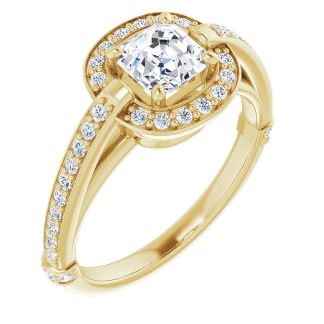 10K Yellow Gold Customizable High-Cathedral Asscher Cut Design with Halo and Shared Prong Band