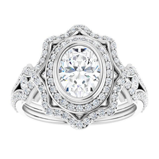 Cubic Zirconia Engagement Ring- The Arya (Customizable Oval Cut Style with Ultra-wide Pavé Split-Band and Nature-Inspired Double Halo)