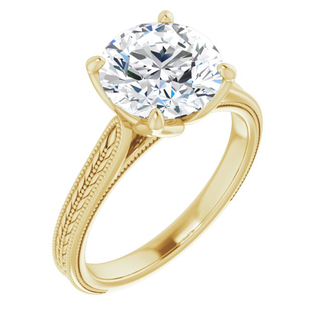14K Yellow Gold Customizable Round Cut Solitaire with Wheat-inspired Band 