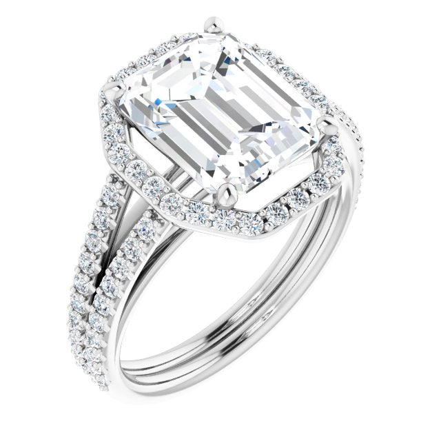 10K White Gold Customizable Cathedral Emerald/Radiant Cut Design with Geometric Halo & Split Pavé Band