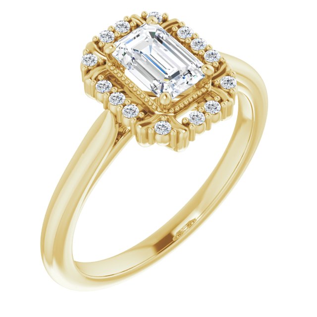 10K Yellow Gold Customizable Emerald/Radiant Cut Design with Majestic Crown Halo and Raised Illusion Setting