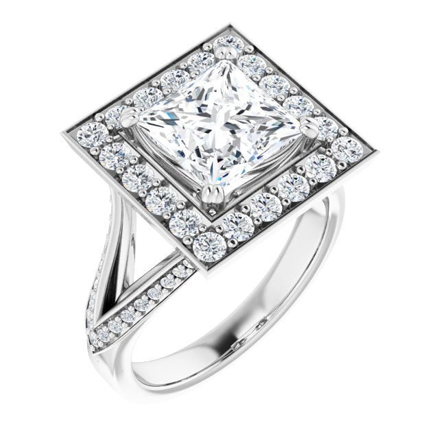 Cubic Zirconia Engagement Ring- The Darsha (Customizable Princess/Square Cut Center with Large-Accented Halo and Split Shared Prong Band)