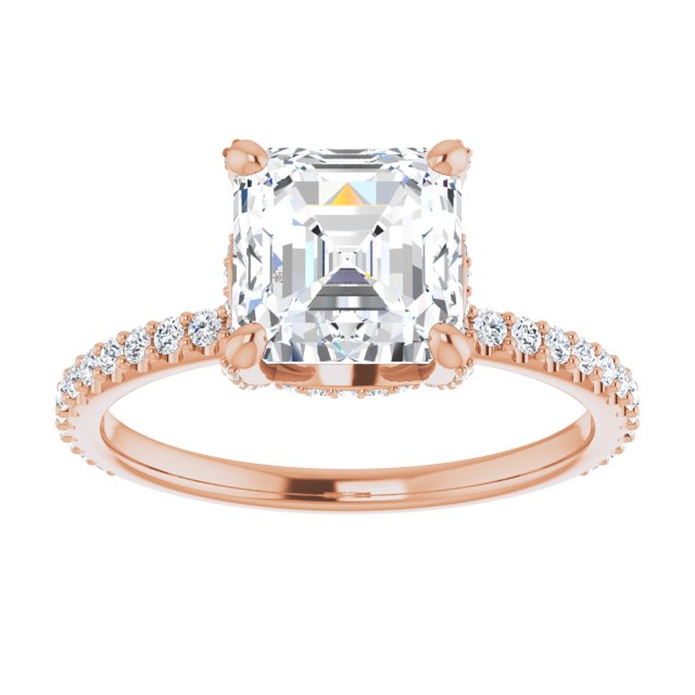 Cubic Zirconia Engagement Ring- The Maleny (Customizable Asscher Cut Design with Round-Accented Band, Micropavé Under-Halo and Decorative Prong Accents))