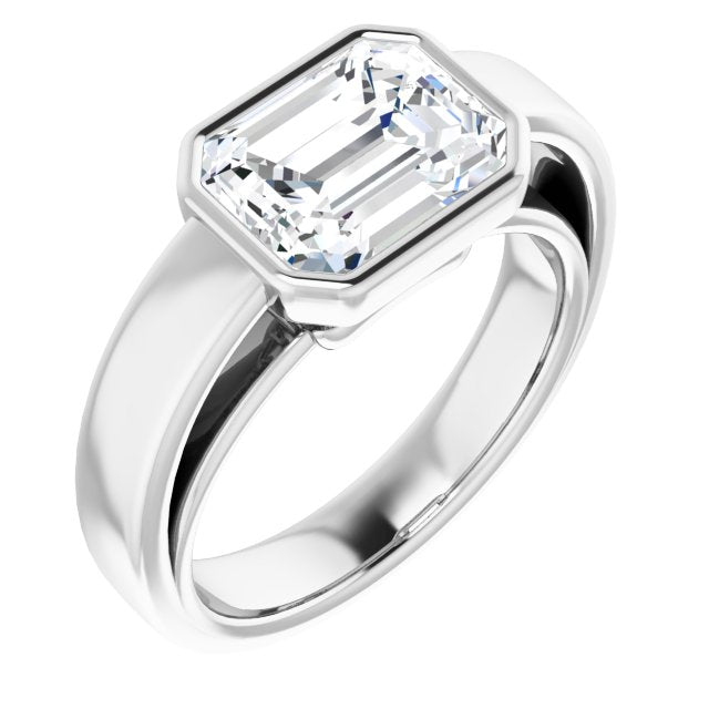 10K White Gold Customizable Cathedral-Bezel Emerald/Radiant Cut Solitaire with Wide Band