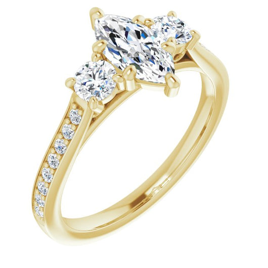 10K Yellow Gold Customizable Marquise Cut Cathedral Setting with Filigree Design and Shared Prong Band