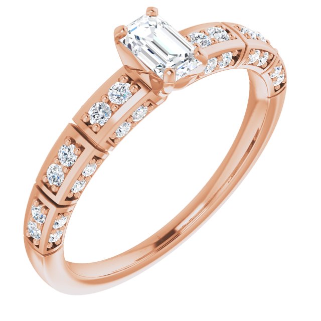 14K Rose Gold Customizable Emerald/Radiant Cut Style with Three-sided, Segmented Shared Prong Band