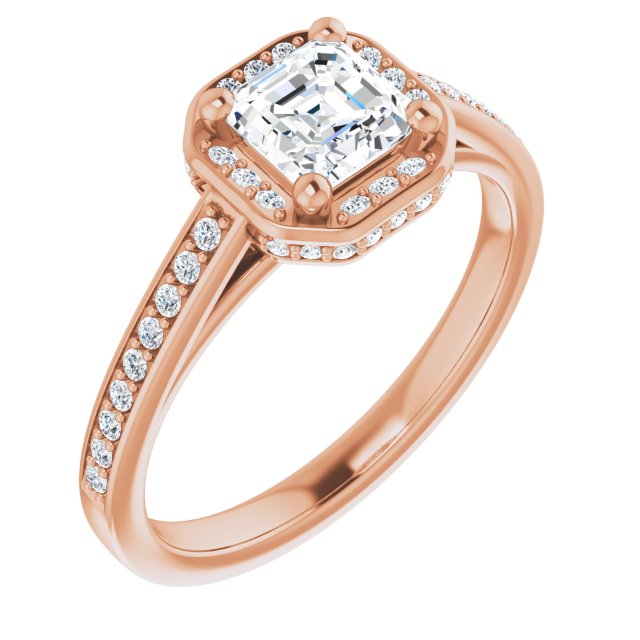 10K Rose Gold Customizable Cathedral-Halo Asscher Cut Design with Under-halo & Shared Prong Band