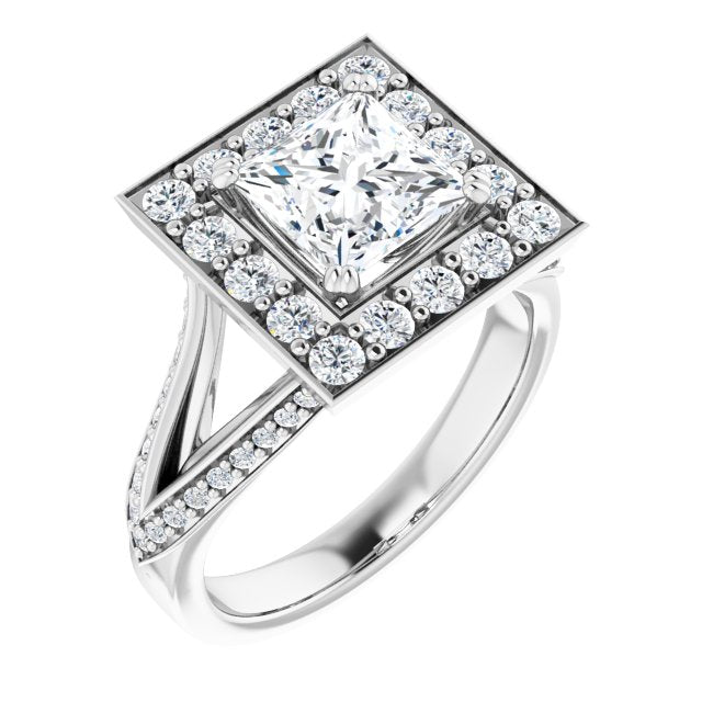 10K White Gold Customizable Princess/Square Cut Center with Large-Accented Halo and Split Shared Prong Band