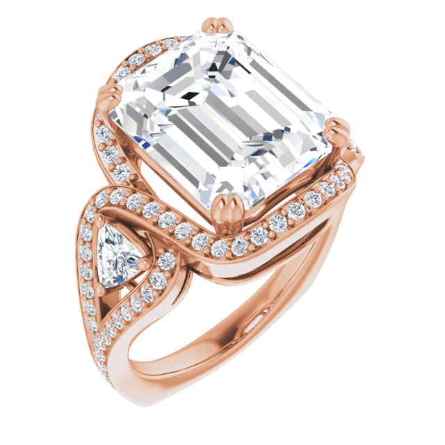 10K Rose Gold Customizable Emerald/Radiant Cut Center with Twin Trillion Accents, Twisting Shared Prong Split Band, and Halo