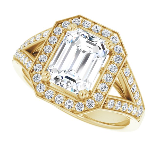 Cubic Zirconia Engagement Ring- The Aryanna (Customizable Cathedral-set Emerald Cut Style with Accented Split Band and Halo)