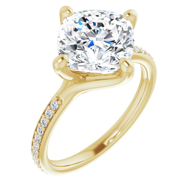 10K Yellow Gold Customizable Cushion Cut Design featuring Thin Band and Shared-Prong Round Accents