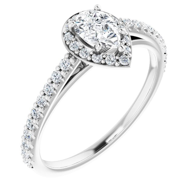 10K White Gold Customizable Pear Cut Design with Halo and Thin Pavé Band