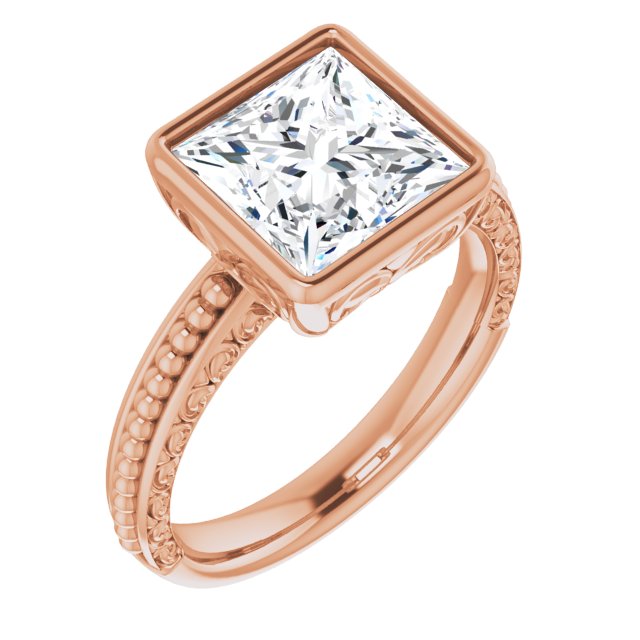 10K Rose Gold Customizable Bezel-set Princess/Square Cut Solitaire with Beaded and Carved Three-sided Band