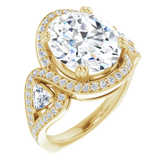 10K Yellow Gold Customizable Oval Cut Center with Twin Trillion Accents, Twisting Shared Prong Split Band, and Halo