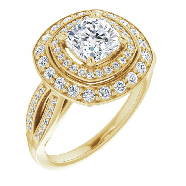 10K Yellow Gold Customizable Cathedral-style Cushion Cut Design with Double Halo & Split-Pavé Band