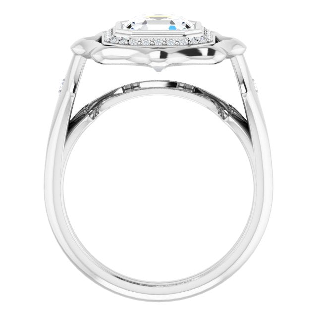 Cubic Zirconia Engagement Ring- The Jeanne (Customizable Bezel-set Asscher Cut with Halo & Oversized Floral Design)