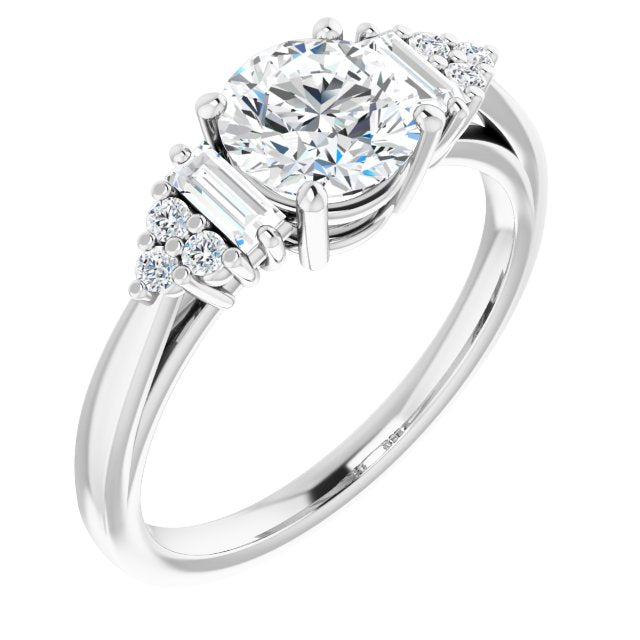 14K White Gold Customizable 9-stone Design with Round Cut Center, Side Baguettes and Tri-Cluster Round Accents