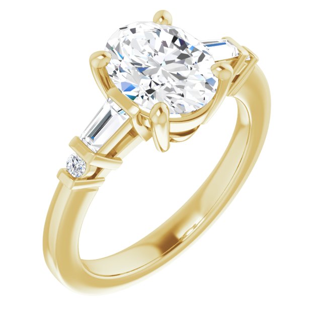 10K Yellow Gold Customizable 5-stone Baguette+Round-Accented Oval Cut Design)