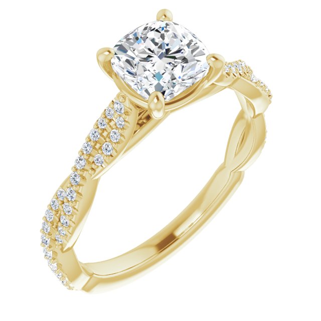 10K Yellow Gold Customizable Cushion Cut Style with Thin and Twisted Micropavé Band