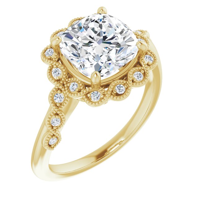 10K Yellow Gold Customizable 3-stone Design with Cushion Cut Center and Halo Enhancement