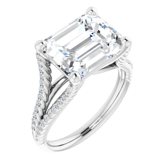 10K White Gold Customizable Emerald/Radiant Cut Style with Split Band and Rope-Pavé