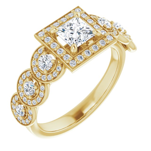10K Yellow Gold Customizable Cathedral-set Princess/Square Cut 7-stone style Enhanced with 7 Halos
