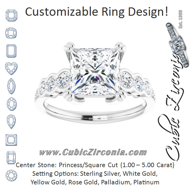 Cubic Zirconia Engagement Ring- The Jeanna (Customizable Princess/Square Cut 7-stone Style Enhanced with Bezel Accents and Shared Prong Band)