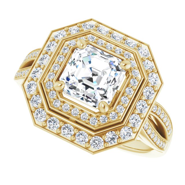 Cubic Zirconia Engagement Ring- The Henrika (Customizable Cathedral-style Asscher Cut Design with Double Halo & Split-Pavé Band)