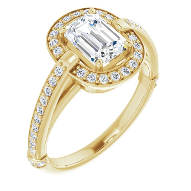 10K Yellow Gold Customizable High-Cathedral Emerald/Radiant Cut Design with Halo and Shared Prong Band