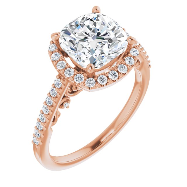 10K Rose Gold Customizable Cathedral-Halo Cushion Cut Design with Carved Metal Accent plus Pavé Band