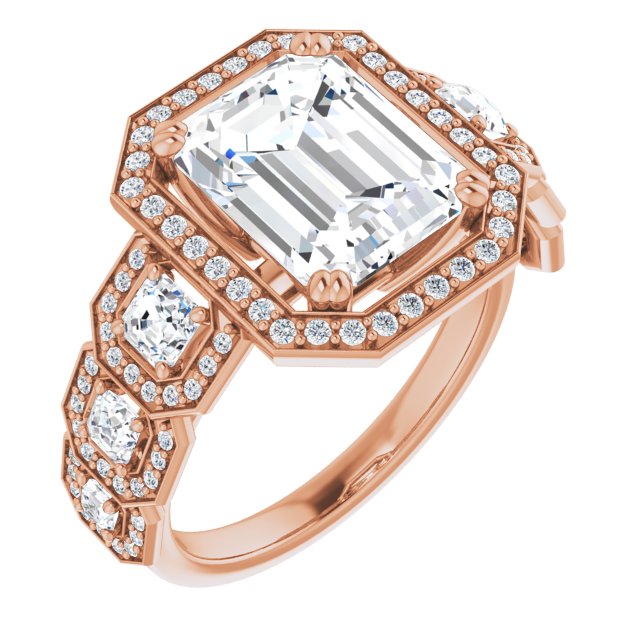 10K Rose Gold Customizable Cathedral-Halo Emerald/Radiant Cut Design with Six Halo-surrounded Asscher Cut Accents and Ultra-wide Band