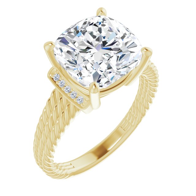10K Yellow Gold Customizable 11-stone Design featuring Cushion Cut Center, Vertical Round-Channel Accents & Wide Triple-Rope Band