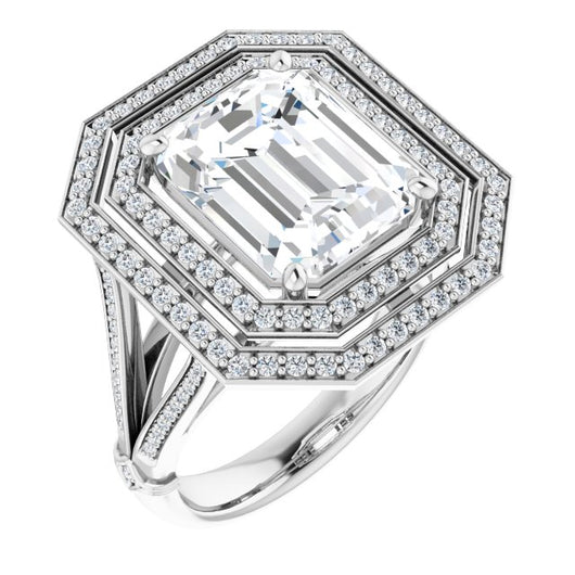 10K White Gold Customizable Cathedral-set Emerald/Radiant Cut Design with Double Halo, Wide Split-Shared Prong Band and Side Knuckle Accents