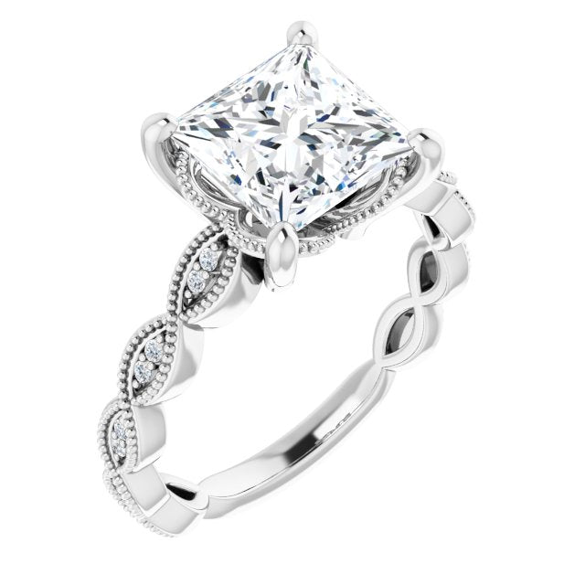 Cubic Zirconia Engagement Ring- The Shanice (Customizable Princess/Square Cut Artisan Design with Scalloped, Round-Accented Band and Milgrain Detail)