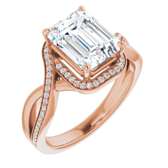 10K Rose Gold Customizable Bypass-Halo-Accented Emerald/Radiant Cut Center with Twisting Split Shared Prong Band