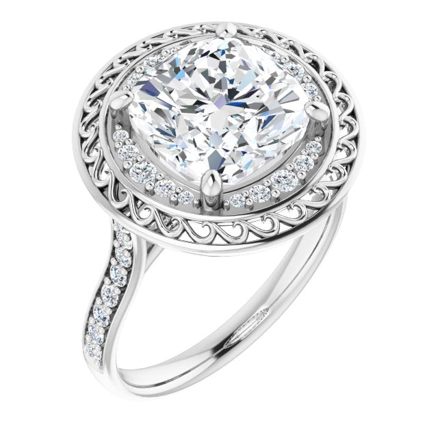 10K White Gold Customizable Cathedral-style Cushion Cut featuring Cluster Accented Filigree Setting & Shared Prong Band