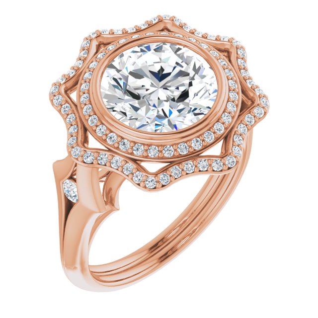 10K Rose Gold Customizable Cathedral-bezel Round Cut Design with Floral Double Halo and Channel-Accented Split Band