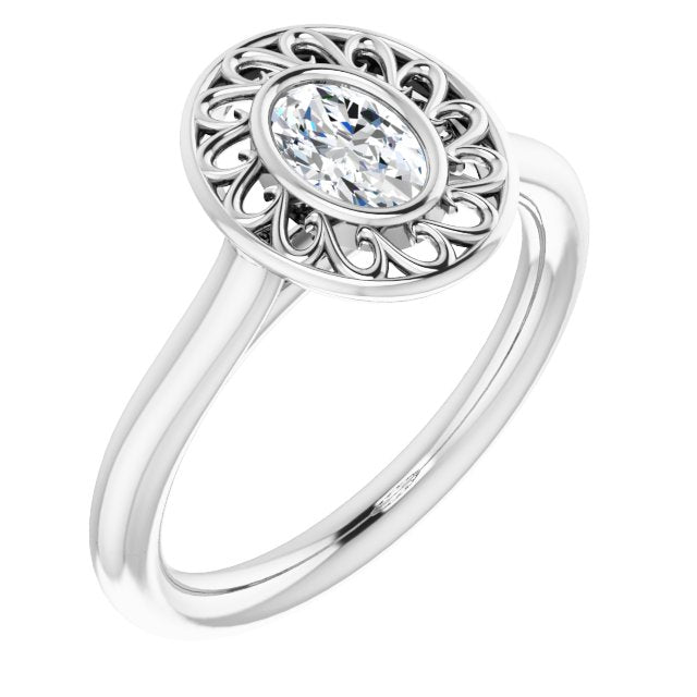 10K White Gold Customizable Cathedral-Bezel Style Oval Cut Solitaire with Flowery Filigree