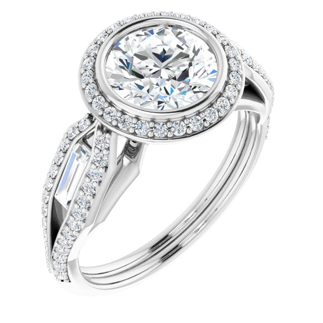 10K White Gold Customizable Cathedral-Bezel Round Cut Design with Halo, Split-Pavé Band & Channel Baguettes