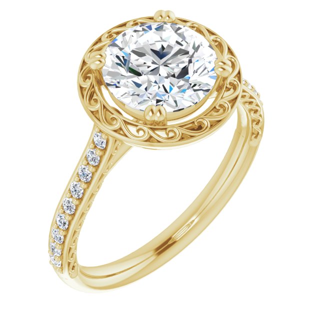 14K Yellow Gold Customizable Round Cut Halo Design with Filigree and Accented Band